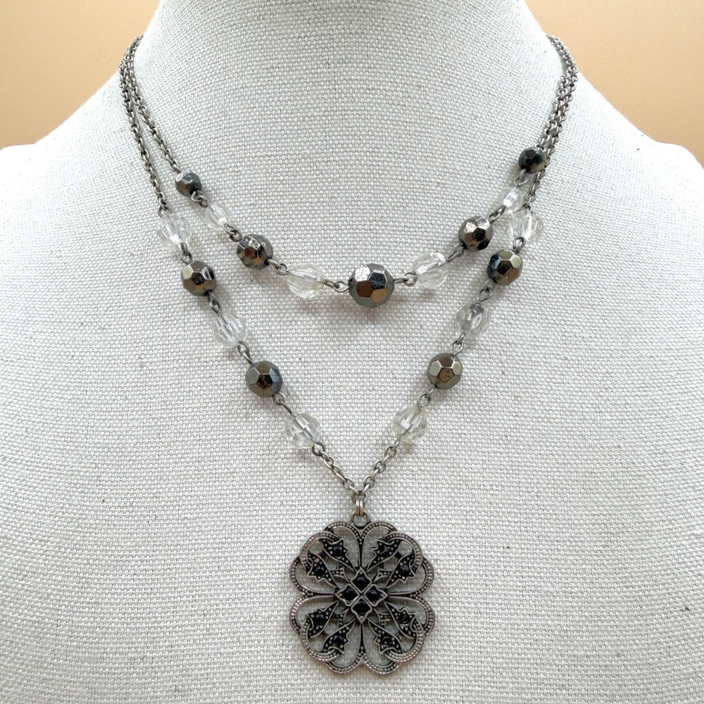 New York & Co Black Crystal Floral Filigree Silver Tone Double Strand Necklace